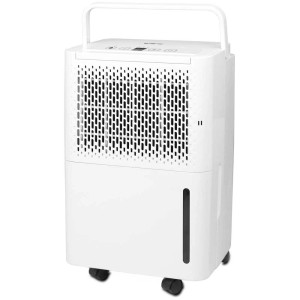 Déshumidificateur Emerio 10L blanc avec roulettes et poignée. Idéal pour réduire l'humidité.