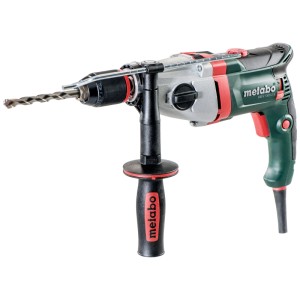 Metabo Schlagbohrmaschine SBEV 1300-2 S in Grün/Grau mit Bohrfutter und Zusatzhandgriff. Leistungsstarkes Elektrowerkzeug für präzises Bohren.