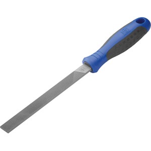 Lima da officina piatta LUX-TOOLS 150 mm con impugnatura comfort blu e nera per la lavorazione dei metalli.