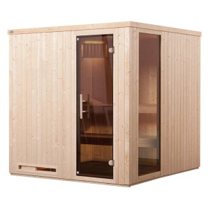 Sauna Weka Halmstad 2 con porta e finestra in vetro. Sauna a elementi in legno di abete rosso con stufa.