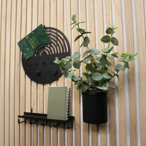 Mensola Denpanels nera con 5 ganci su pannello acustico con decorazioni.