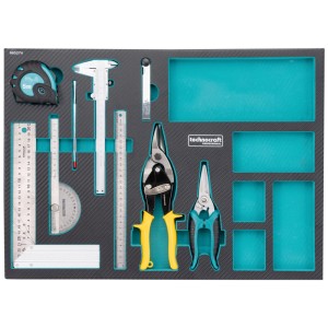 Chariot d'atelier Technocraft : Tiroir avec outils de mesure, pinces et outils de coupe.