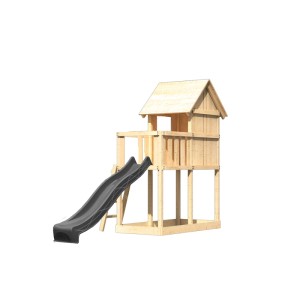 Cabane de jeux Karibu Frieda avec toboggan, bois naturel et toboggan anthracite.