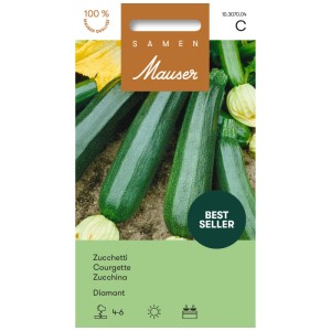 Paquet de graines de courgettes Diamant : courgettes vert foncé et fleurs jaunes.