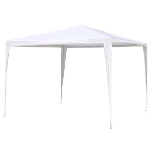 Gazebo bianco con tetto in PE, struttura in metallo e connettori in plastica.