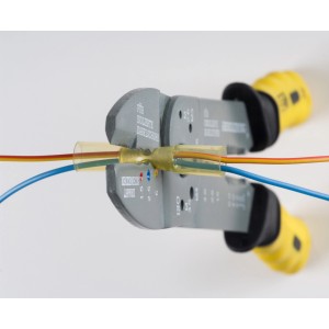 Connettore a crimpare Steinel con guaina termorestringente e pinza a crimpare per cavi da 0,5-1,5 mm.