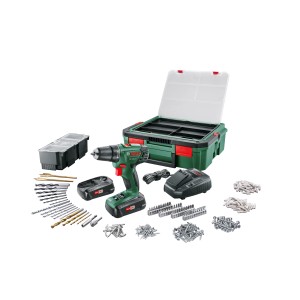 Set avvitatore a batteria Bosch PSR 1800 LI-2 con 2 batterie, accessori e valigetta.
