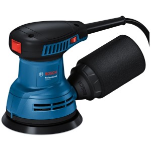 Ponceuse excentrique Bosch Professional GEX 125 bleue et noire avec sac à poussière.