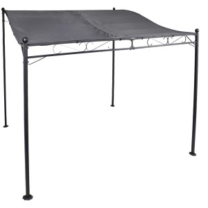 Gazebo addossato grigio (2,5x3x2,5m) con tetto a deflusso d'acqua e telaio in acciaio verniciato a polvere.
