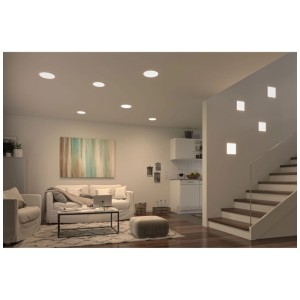 Salon avec panneaux LED encastrables Paulmann Veluna, dimmables, pour montage au plafond.