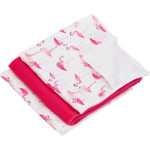 Set da 3 panni multiuso in microfibra: rosa, bianco, motivo fenicottero. Ideali per la pulizia della casa.