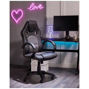 Sedia gaming Beliani Fighter, nero-grigia, in ecopelle, con braccioli e poggiatesta imbottiti.