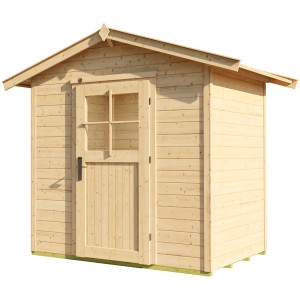Casetta da giardino in legno non trattato Monza con tetto a due falde, 205x174 cm. Legno naturale con porta e finestra.