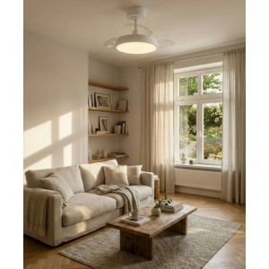Ventilatore da soffitto bianco Eglo Torreya con illuminazione LED in un soggiorno moderno.