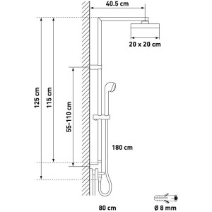 Schéma technique du système de douche Diaqua Ymir Turn chromé, dimensions hauteur 125cm.