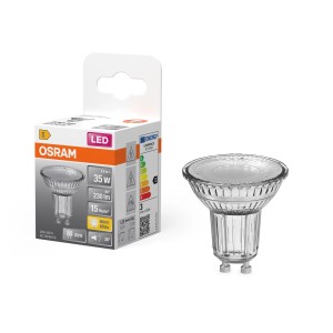 Lampadina LED Osram GU10, 2.4W, bianco caldo, riflettore PAR16, con confezione.