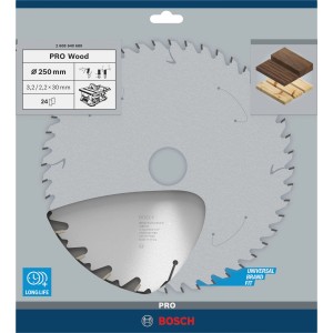 Lama per sega circolare Bosch Speedline Wood, 250 mm, 24 denti per tagli puliti nel legno.