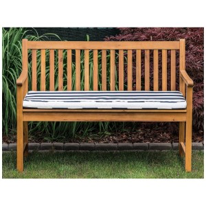Banc de jardin Vivara en bois d'acacia avec coussin rayé bleu marine. Idéal pour l'extérieur.