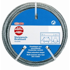Câble en acier galvanisé, Ø 2 mm x 30 m, adapté à diverses applications.