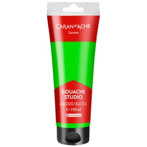 Tube de gouache vert fluo Caran d'Ache, 250 ml, pour fournitures scolaires et artistiques.
