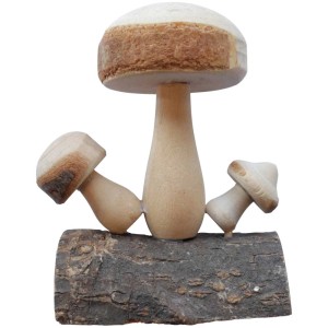 Videx Decorazione Fungo in Legno Marrone: Tre funghi di legno su un tronco, ideale per decorazioni autunnali.