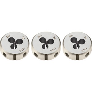 Jeu de filières LUX M2/M3/M4 pour filetage à droite dans le métal, forme cylindrique.