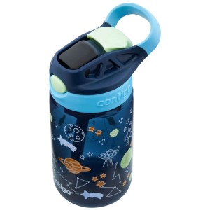 Borraccia Contigo blu scuro (420 ml) con motivi spaziali e cannuccia.