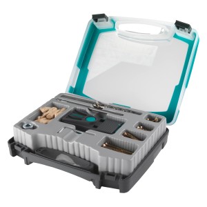 Wolfcraft Undercover-Jig-Set (54 pièces) en coffret : Gabarit de perçage, forets, vis et accessoires pour assemblages bois.