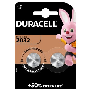 Duracell CR2032 pile bouton lithium, lot de 2, emballage sécurité enfant.