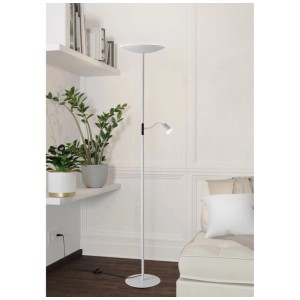 Weisse LED-Stehleuchte mit Leselicht von Eglo. Moderne Stehlampe mit Touchdimmer für Wohnräume.