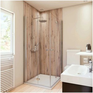 Bagno con pannello posteriore doccia Breuer effetto legno rovere rustico, 100x255 cm.