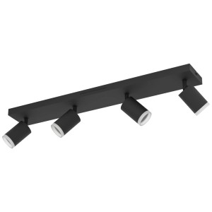 Plafonnier LED noir Eglo Melitello-Z avec 4 spots en acier et aluminium.