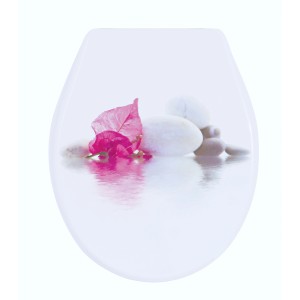 Abattant WC MSV Borneo avec motif de pierres et de fleurs en blanc-rose, MDF, 46x37cm.