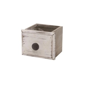 Cassetto in legno DecoFinder, bianco anticato, con pomello scuro. Decorazione shabby chic per piante o oggetti.