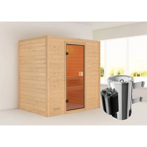 Sauna in legno Karibu Selena con stufa e porta in vetro per rilassanti sessioni di sauna.