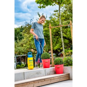 Femme utilisant lance de pulvérisation Gloria 270° Anti-Pyrale du buis avec pulvérisateur à pression pour l'entretien du jardin.
