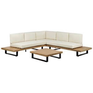 Set da giardino lounge Beliani Mykonos a 5 posti con struttura in legno di acacia, cuscini color crema e tavolo.