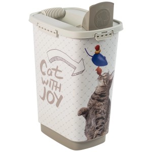 Conteneur pour aliments pour animaux Rotho Cody Cat 25L avec motif chat et bec verseur.