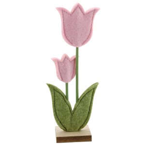 Decorazione tulipano rosa e verde: supporto in feltro e legno, 19,5 cm, per Pasqua.