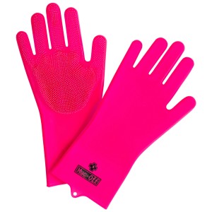 Gants de nettoyage roses Muc-Off Deep Scrubber taille L pour l'entretien du vélo avec des poils de nettoyage.