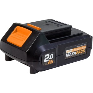 Batteria Batavia 2 Ah, 18 V per dispositivi Maxxpack. Batteria agli ioni di litio nera con pulsante arancione.