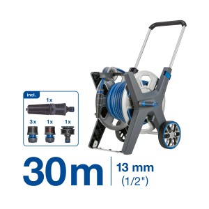 Set avvolgitubo LUX Pro con tubo da 30 m. Carrello avvolgitubo da giardino con tamburo in metallo e accessori.