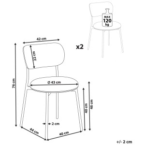 Schizzo: Sedia da pranzo Beliani Casey, bouclé beige, set da 2, con dimensioni.