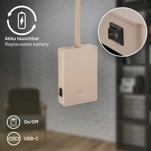 Brilo Akku-LED-Wandleuchte Smooth Beige: Basis mit wechselbarem Akku, On/Off-Schalter, USB-C-Anschluss. Dimmbar.