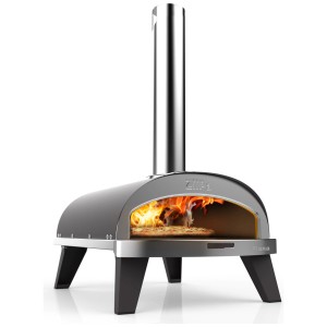 Four à pizza Ziipa Piana en acier inoxydable Ardoise avec pizza et flammes à l'intérieur.