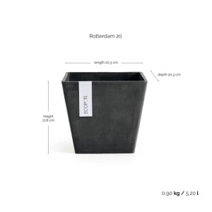 Pot de fleurs Ecopots Rotterdam, gris foncé, 20 cm. Pot carré pour intérieur et extérieur.