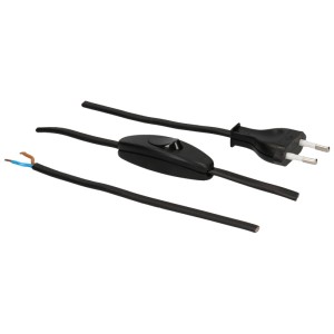 Schwarzes TDLF-Netzkabel, 2 m, mit Schalter und Eurostecker für Lampen und Geräte.