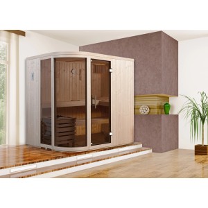 Sauna Weka Sara 1 Set avec façade en verre arrondie, intérieur et poêle.