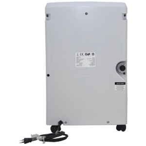 Weisser Kibernetik Luftentfeuchter M30, Rückansicht mit Stromkabel, Rollen und Schlauchanschluss. Ideal für Räume bis 100 m³.