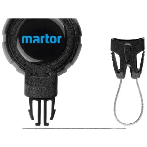 Martor Tool-Retractor No. 9960, accessorio per coltelli in plastica nera con cavo in acciaio e moschettone.